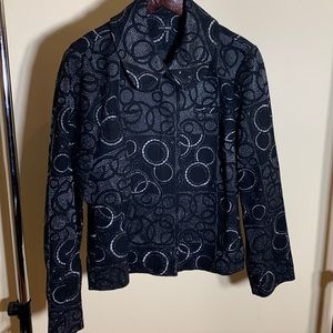600 WEST sz 14 black-silver geometric print zip blazer with Peter Pan collar
